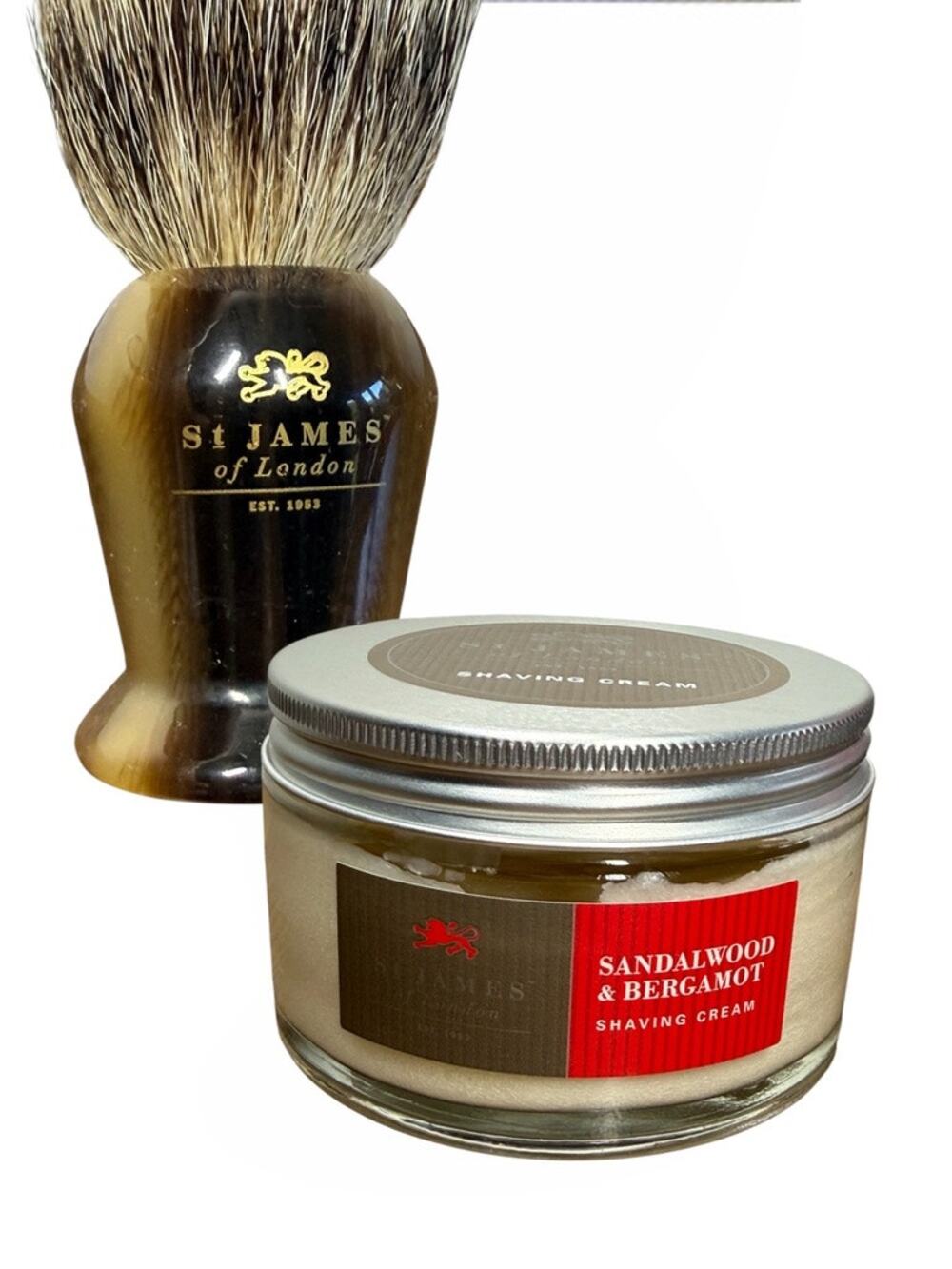 St. James of London Sandalwood & Bergamot Shaving Cream + Brush Pure Horn NEW